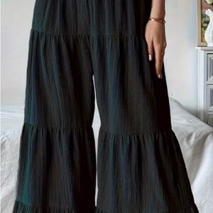 Elegant Black Wide-Leg Ruffle Pants XXL Linen Pockets Elastic Waist